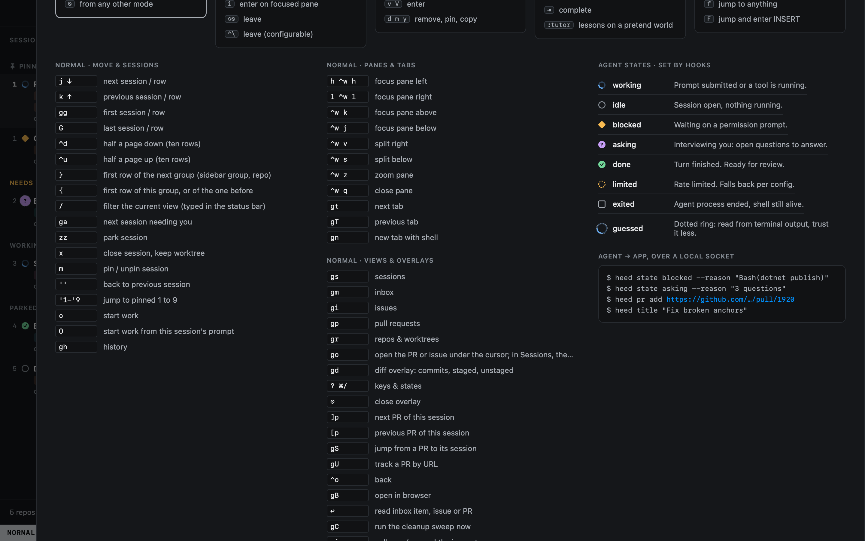 The help overlay listing modes, keys and agent states.