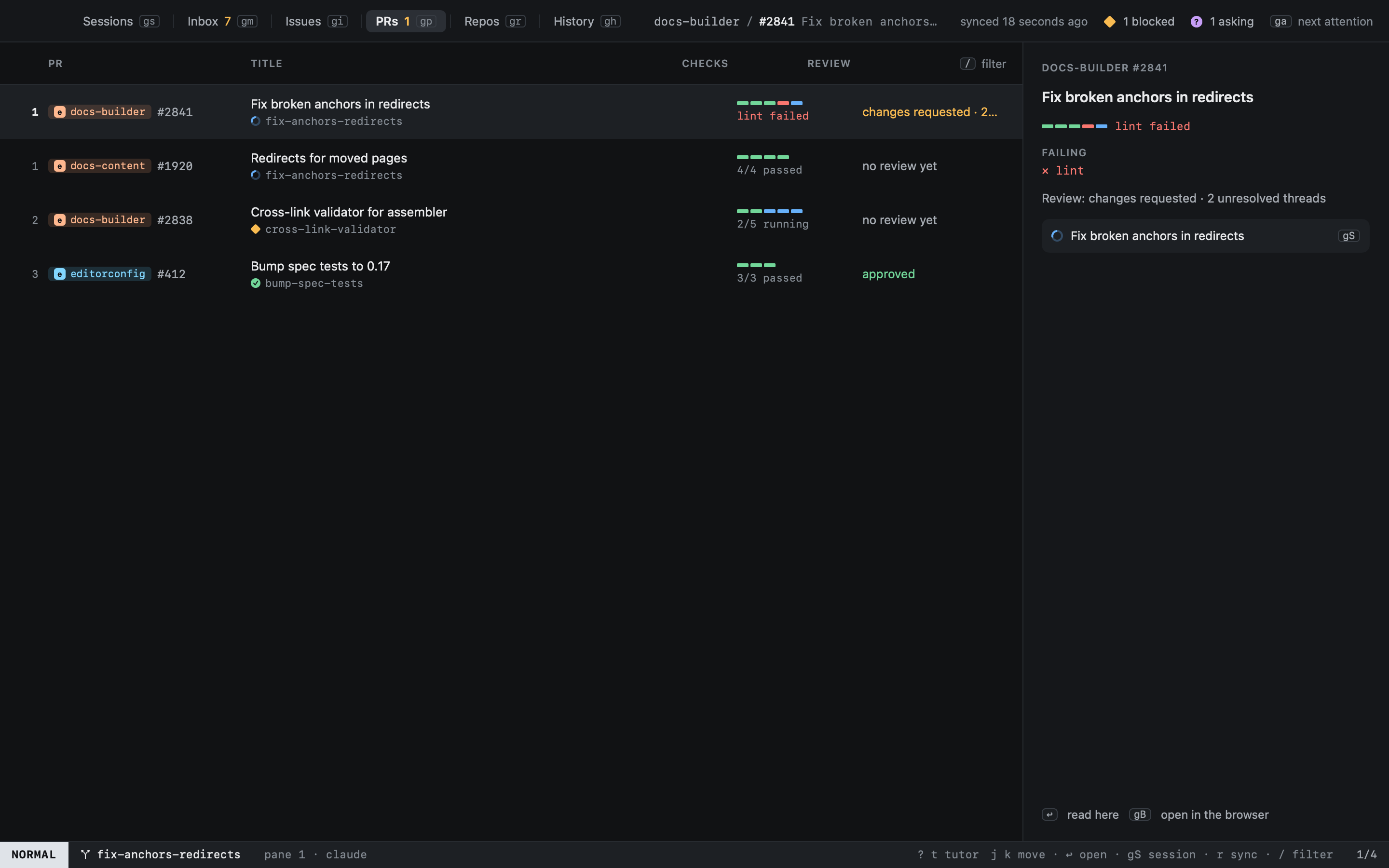 Open PRs across repos with watch status and the feedback queue.