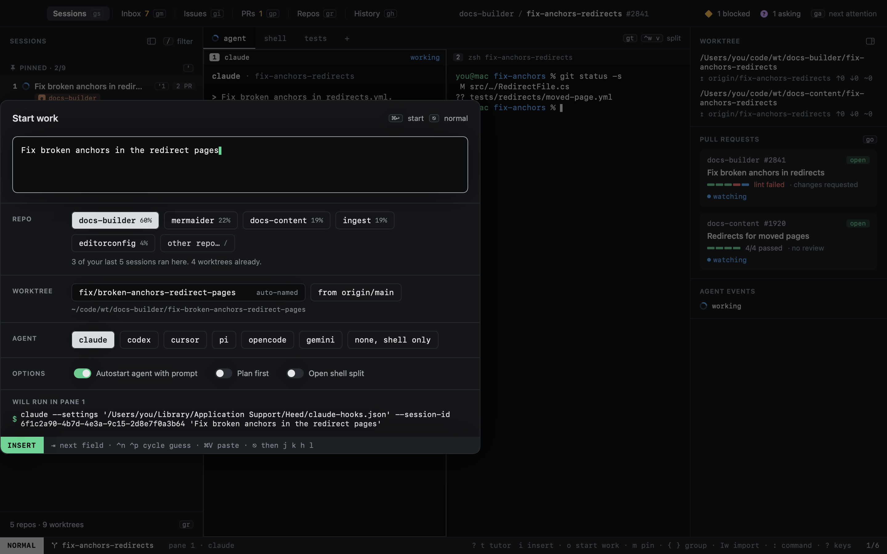 The Start work dialog guessing repo, worktree name and agent.