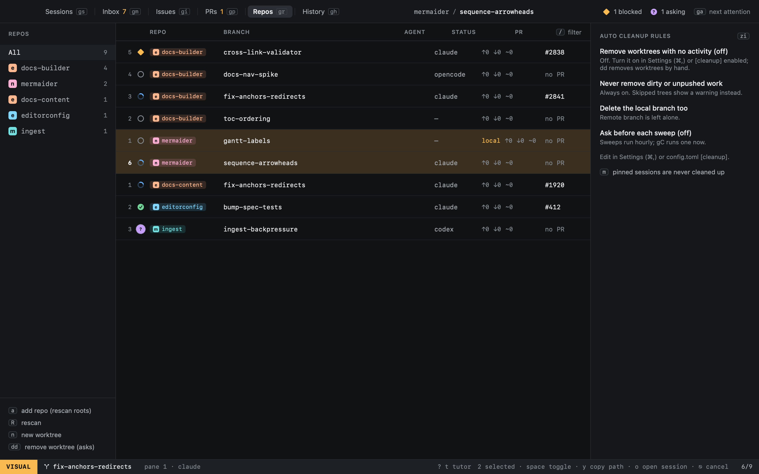 Worktree table with state, repo chips, PRs and cleanup ETA.